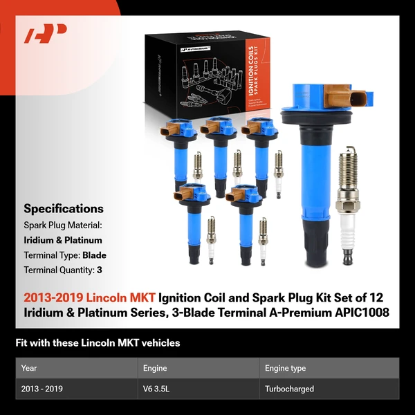 2013-2019 Lincoln MKT Ignition Coil and Spark Plug Kit Set of 12 Iridium & Platinum Series, 3-Pin Terminal A-Premium APIC1008