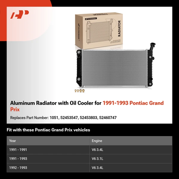 Aluminum Radiator with Oil Cooler for 1991-1993 Pontiac Grand Prix