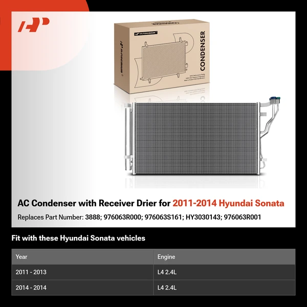 AC Condenser with Receiver Drier for 2011-2014 Hyundai Sonata