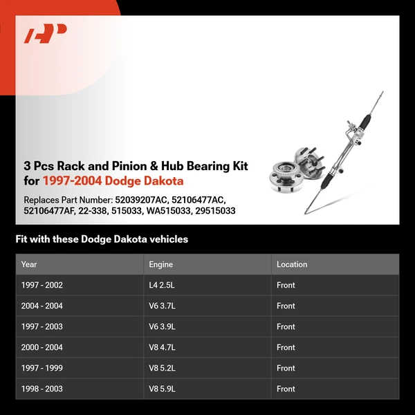 3 Pcs Rack and Pinion & Hub Bearing Kit for 1997-2004 Dodge Dakota