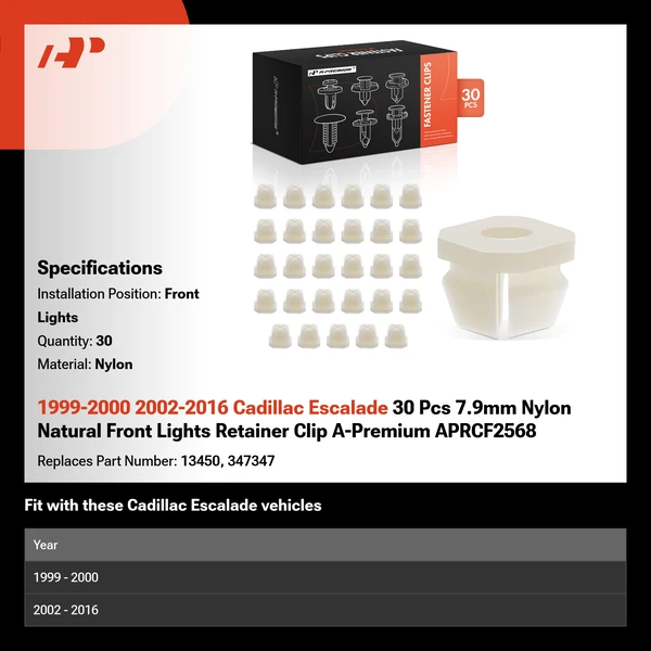 1999-2000 2002-2016 Cadillac Escalade 30 Pcs 7.9mm Nylon Natural Front Lights Retainer Clip A-Premium APRCF2568