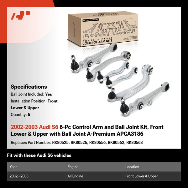 2002-2003 Audi S6 6-Pc Control Arm and Ball Joint Kit, Front Lower & Upper with Ball Joint A-Premium APCA3186