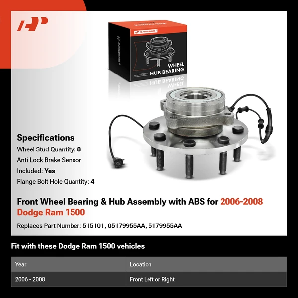 Front Wheel Bearing & Hub Assembly with ABS for 2006-2008 Dodge Ram 1500