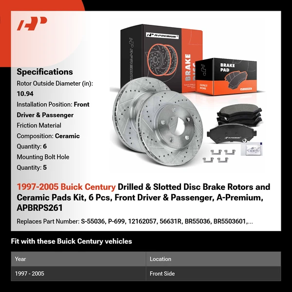 1997-2005 Buick Century Drilled & Slotted Disc Brake Rotors and Ceramic Pads Kit, 6 Pcs, Front Driver & Passenger, A-Premium, APBRPS261