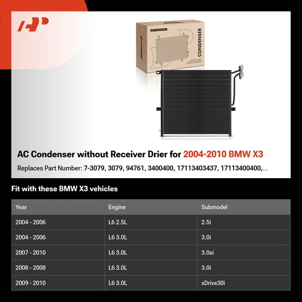 AC Condenser without Receiver Drier for 2004-2010 BMW X3
