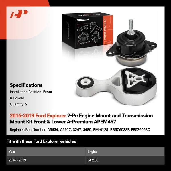 2016-2019 Ford Explorer 2-Pc Engine Mount and Transmission Mount Kit Front & Lower A-Premium APEM457