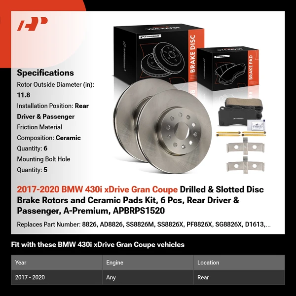 2017-2020 BMW 430i xDrive Gran Coupe Drilled & Slotted Disc Brake Rotors and Ceramic Pads Kit, 6 Pcs, Rear Driver & Passenger, A-Premium, APBRPS1520