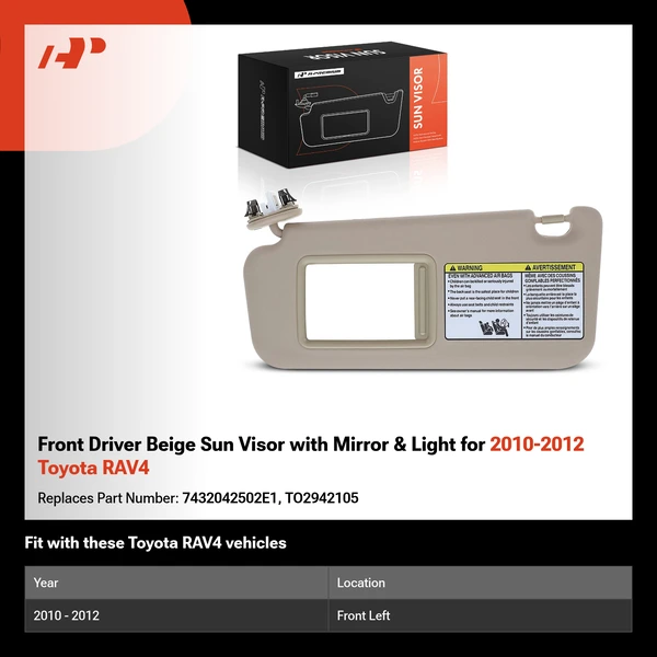 Front Driver Beige Sun Visor with Mirror & Light for 2010-2012 Toyota RAV4