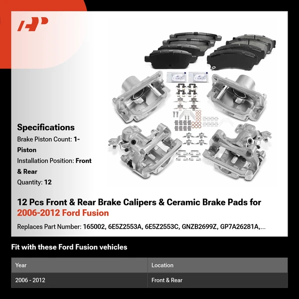 12 Pcs Front & Rear Brake Calipers & Ceramic Brake Pads for 2006-2012 Ford Fusion