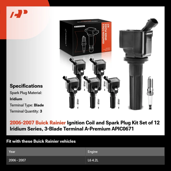 2006-2007 Buick Rainier Ignition Coil and Spark Plug Kit Set of 12 Iridium Series, 3-Blade Terminal A-Premium APIC0671