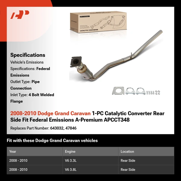 2008-2010 Dodge Grand Caravan 1-PC Catalytic Converter Rear Side Fit Federal Emissions A-Premium APCCT348