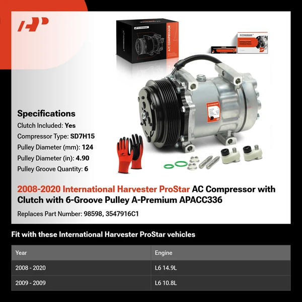 2008-2020 International Harvester ProStar AC Compressor with Clutch with 6-Groove Pulley A-Premium APACC336
