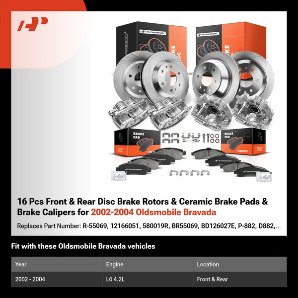 16 Pcs Front & Rear Disc Brake Rotors & Ceramic Brake Pads & Brake Calipers for 2002-2004 Oldsmobile Bravada