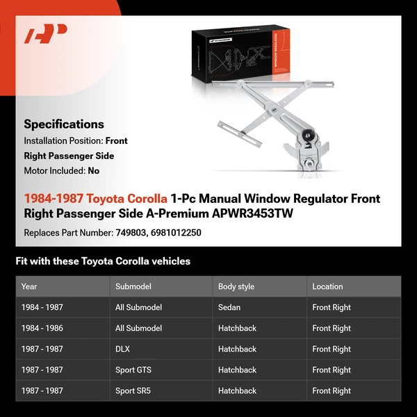 1984-1987 Toyota Corolla 1-Pc Manual Window Regulator Front Right Passenger Side A-Premium APWR3453TW