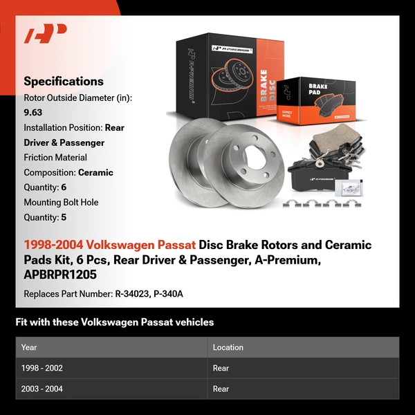 1998-2004 Volkswagen Passat Disc Brake Rotors and Ceramic Pads Kit, 6 Pcs, Rear Driver & Passenger, A-Premium, APBRPR1205