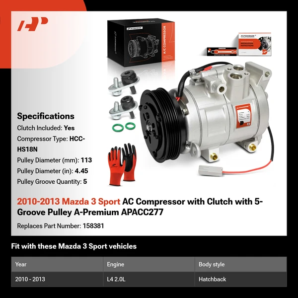 2010-2013 Mazda 3 Sport AC Compressor with Clutch with 5-Groove Pulley A-Premium APACC277
