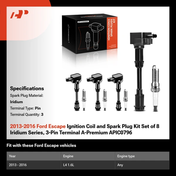2013-2016 Ford Escape Ignition Coil and Spark Plug Kit Set of 8 Iridium Series, 3-Pin Terminal A-Premium APIC0796