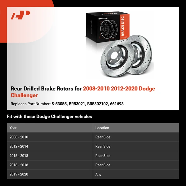 Rear Drilled Brake Rotors for 2008-2010 2012-2020 Dodge Challenger