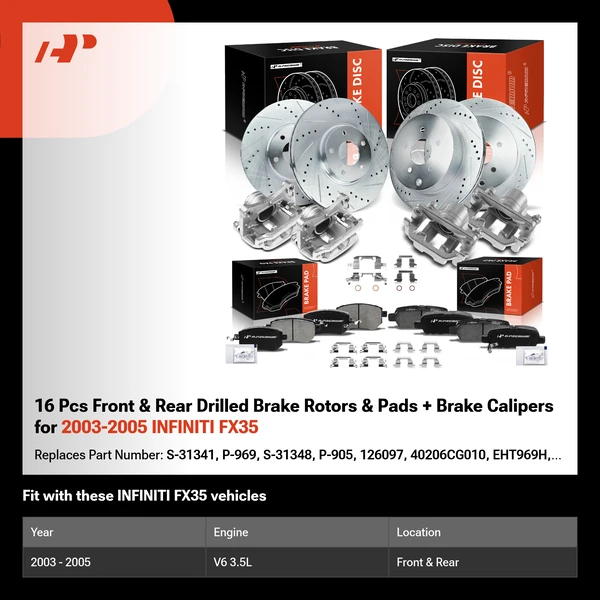 16 Pcs Front & Rear Drilled Brake Rotors & Pads + Brake Calipers for 2003-2005 INFINITI FX35