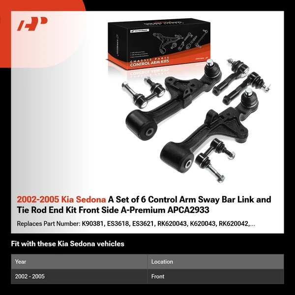 2002-2005 Kia Sedona A Set of 6 Control Arm Sway Bar Link and Tie Rod End Kit Front Side A-Premium APCA2933