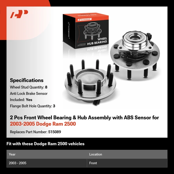 2 Pcs Front Wheel Bearing & Hub Assembly with ABS Sensor for 2003-2005 Dodge Ram 2500