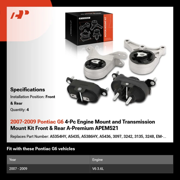 2007-2009 Pontiac G6 4-Pc Engine Mount and Transmission Mount Kit Front & Rear A-Premium APEM521