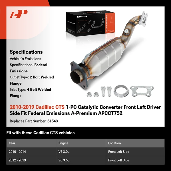 2010-2019 Cadillac CTS 1-PC Catalytic Converter Front Left Driver Side Fit Federal Emissions A-Premium APCCT752