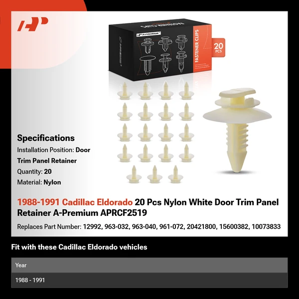 1988-1991 Cadillac Eldorado 20 Pcs Nylon White Door Trim Panel Retainer A-Premium APRCF2519