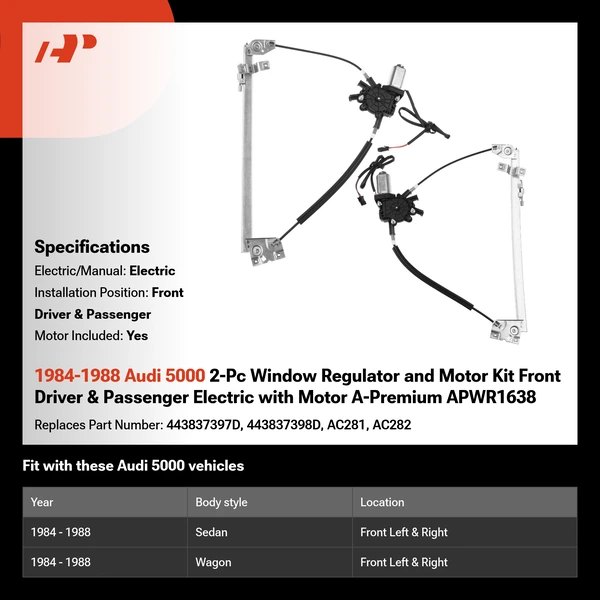 1984-1988 Audi 5000 2-Pc Window Regulator and Motor Kit Front Driver & Passenger Electric with Motor A-Premium APWR1638