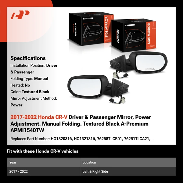 2017-2022 Honda CR-V Driver & Passenger Mirror, Power Adjustment, Manual Folding, Textured Black A-Premium APMI1540TW