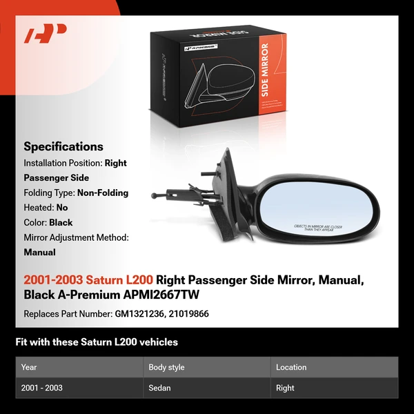 2001-2003 Saturn L200 Right Passenger Side Mirror, Manual, Black A-Premium APMI2667TW