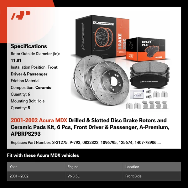 2001-2002 Acura MDX Drilled & Slotted Disc Brake Rotors and Ceramic Pads Kit, 6 Pcs, Front Driver & Passenger, A-Premium, APBRPS293