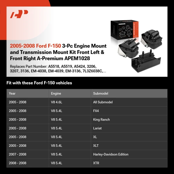 2005-2008 Ford F-150 3-Pc Engine Mount and Transmission Mount Kit Front Left & Front Right A-Premium APEM1028