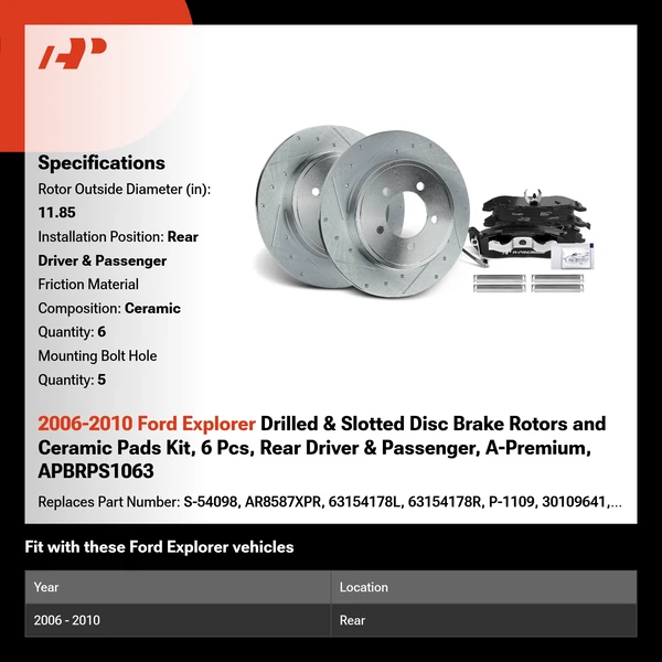 2006-2010 Ford Explorer Drilled & Slotted Disc Brake Rotors and Ceramic Pads Kit, 6 Pcs, Rear Driver & Passenger, A-Premium, APBRPS1063