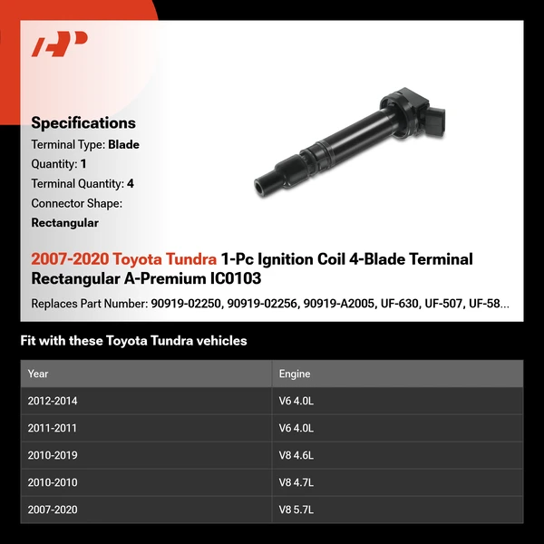 2007-2020 Toyota Tundra 1-Pc Ignition Coil 4-Blade Terminal Rectangular A-Premium IC0103