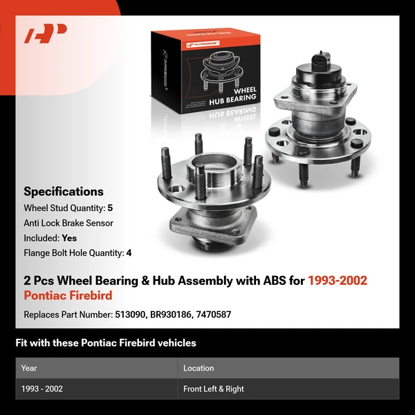 2 Pcs Wheel Bearing & Hub Assembly with ABS for 1993-2002 Pontiac Firebird