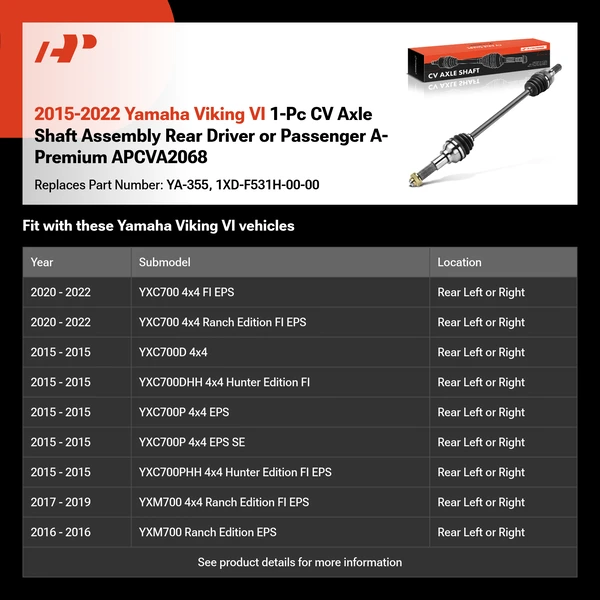 2015-2022 Yamaha Viking VI 1-Pc CV Axle Shaft Assembly Rear Driver or Passenger A-Premium APCVA2068