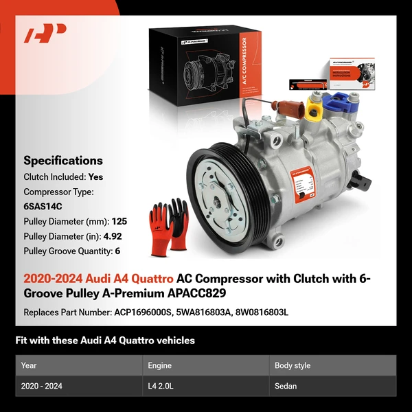 2020-2024 Audi A4 Quattro AC Compressor with Clutch with 6-Groove Pulley A-Premium APACC829