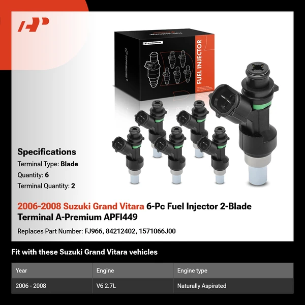 2006-2008 Suzuki Grand Vitara 6-Pc Fuel Injector 2-Blade Terminal A-Premium APFI449