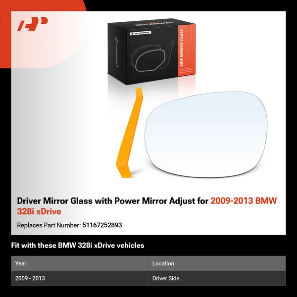 Driver Mirror Glass with Power Mirror Adjust for 2009-2013 BMW 328i xDrive