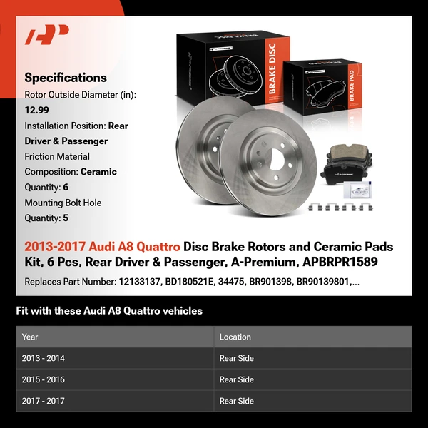 2013-2017 Audi A8 Quattro Disc Brake Rotors and Ceramic Pads Kit, 6 Pcs, Rear Driver & Passenger, A-Premium, APBRPR1589