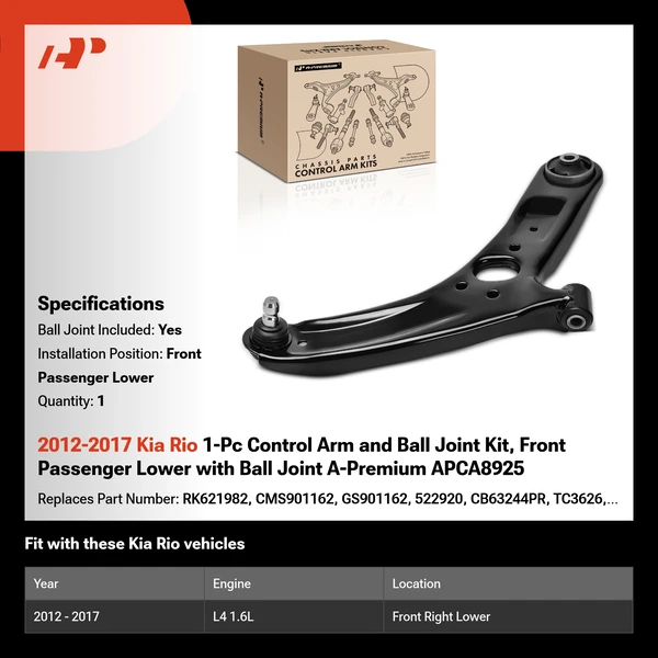 2012-2017 Kia Rio 1-Pc Control Arm and Ball Joint Kit, Front Passenger Lower with Ball Joint A-Premium APCA8925