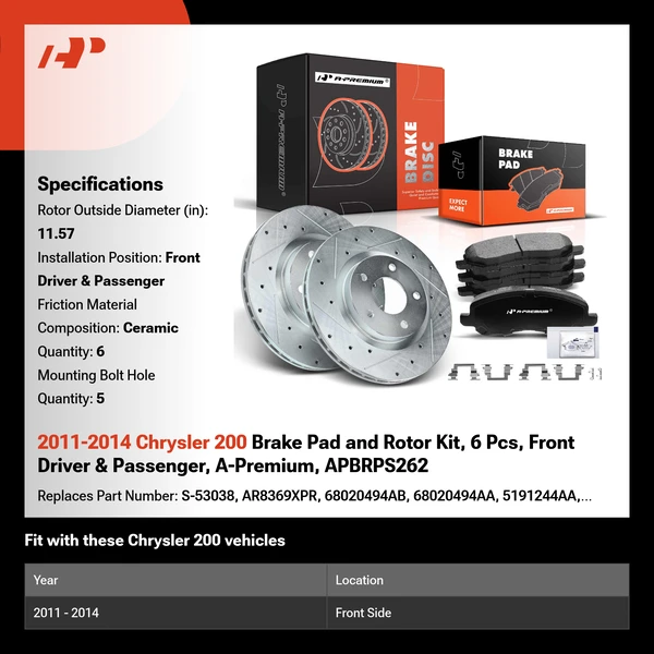 2011-2014 Chrysler 200 Brake Pad and Rotor Kit, 6 Pcs, Front Driver & Passenger, A-Premium, APBRPS262