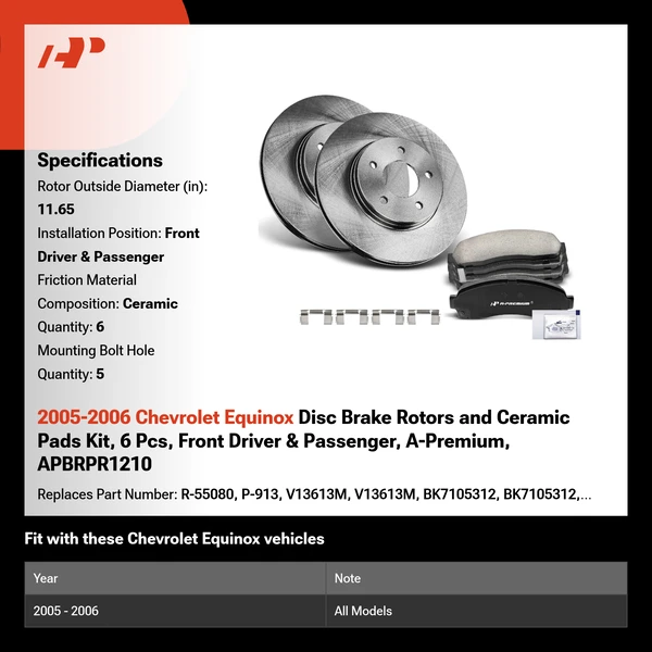 2005-2006 Chevrolet Equinox Disc Brake Rotors and Ceramic Pads Kit, 6 Pcs, Front Driver & Passenger, A-Premium, APBRPR1210