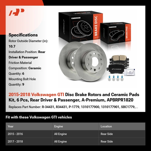2015-2018 Volkswagen GTI Disc Brake Rotors and Ceramic Pads Kit, 6 Pcs, Rear Driver & Passenger, A-Premium, APBRPR1820
