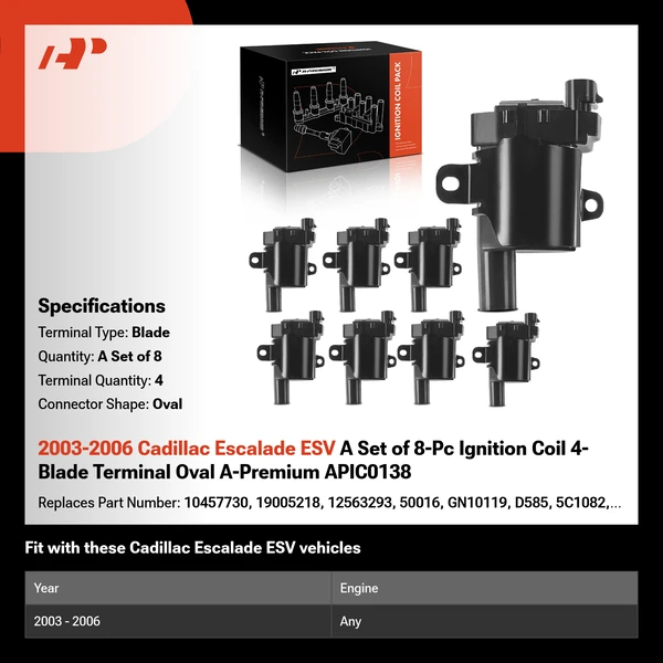 2003-2006 Cadillac Escalade ESV A Set of 8-Pc Ignition Coil 4-Blade Terminal Oval A-Premium APIC0138