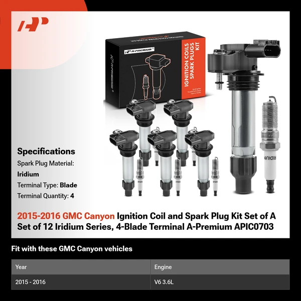 2015-2016 GMC Canyon Ignition Coil and Spark Plug Kit Set of A Set of 12 Iridium Series, 4-Blade Terminal A-Premium APIC0703
