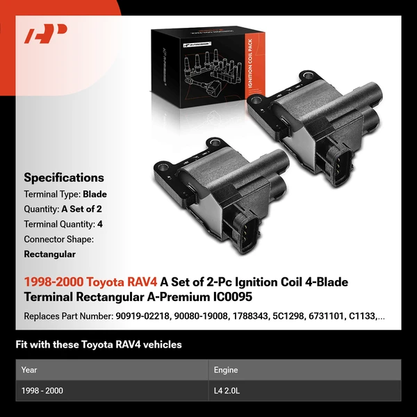 1998-2000 Toyota RAV4 A Set of 2-Pc Ignition Coil 4-Blade Terminal Rectangular A-Premium IC0095