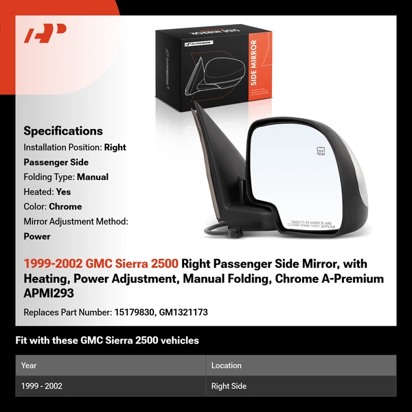 1999-2002 GMC Sierra 2500 Right Passenger Side Mirror, with Heating, Power Adjustment, Manual Folding, Chrome A-Premium APMI293
