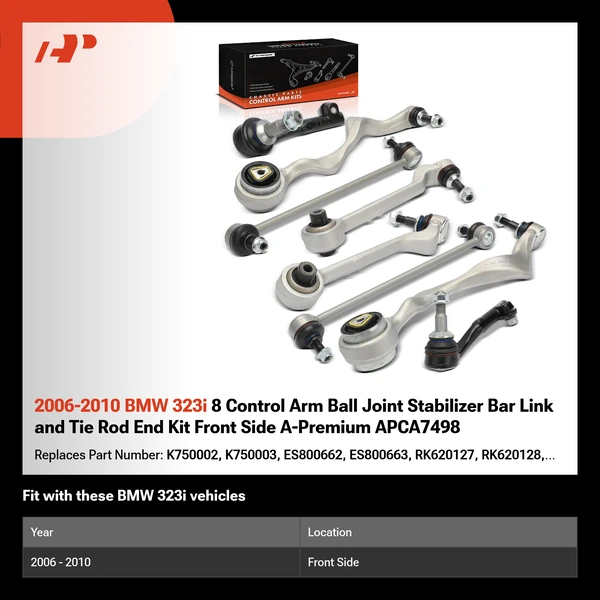 2006-2010 BMW 323i 8 Control Arm Ball Joint Stabilizer Bar Link and Tie Rod End Kit Front Side A-Premium APCA7498